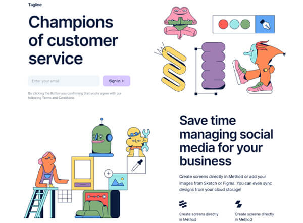 Cute colorful website design with flat retro theme illustrations