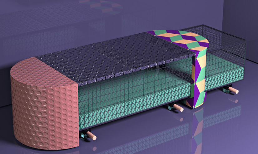 Interior bench in memphis style and shapes